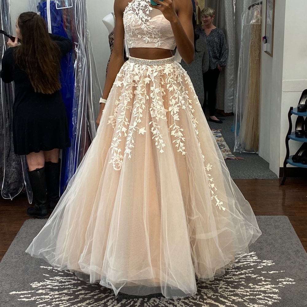 SHERRI HILL Pink Two Piece Prom Dress with Flores decals, pearls and full skirt